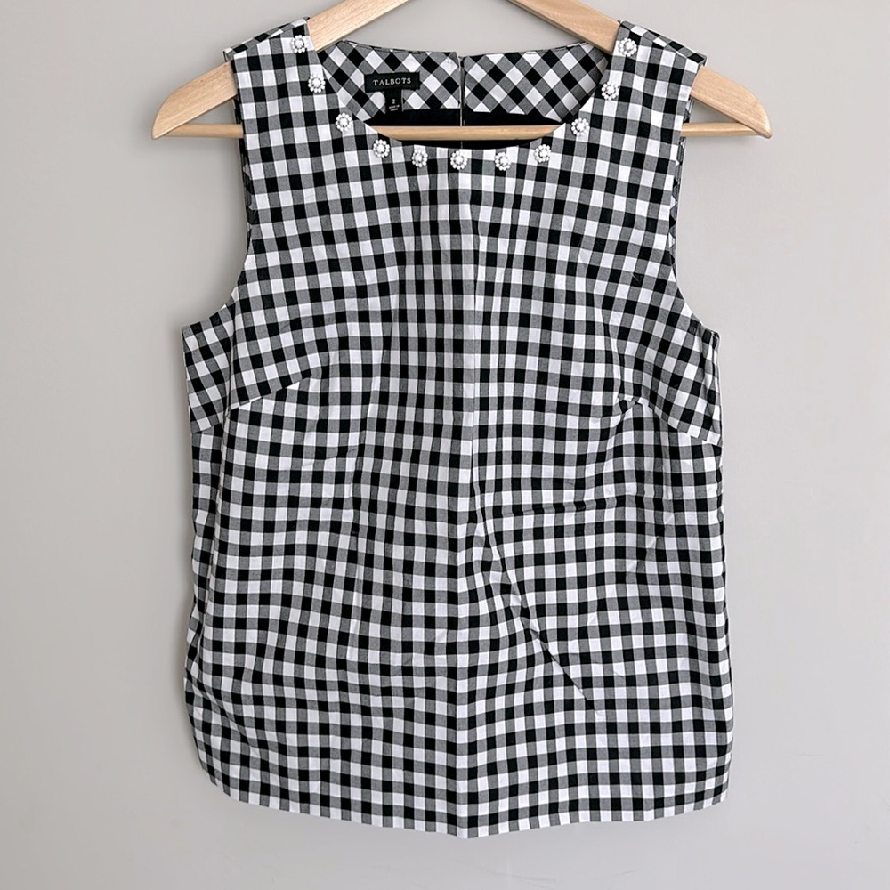 Talbots sleeveless top gingham. With flower beads detail on top.